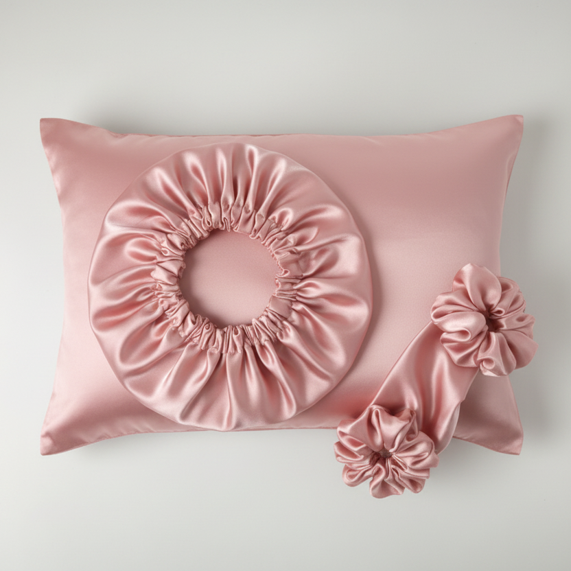 Coffret rose poudré - Modèle taie + bonnet + chouchous