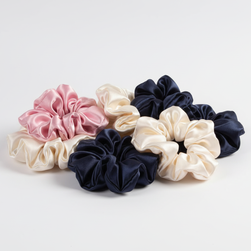 Lot de 6 chouchous XXL satin - Rose poudré, Ivoire, Bleu marine